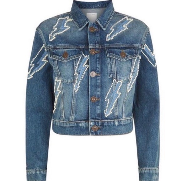 Sandro Pearl Lightning Bolt Cropped Denim Crop Jean Jacket - Picture 2 of 13